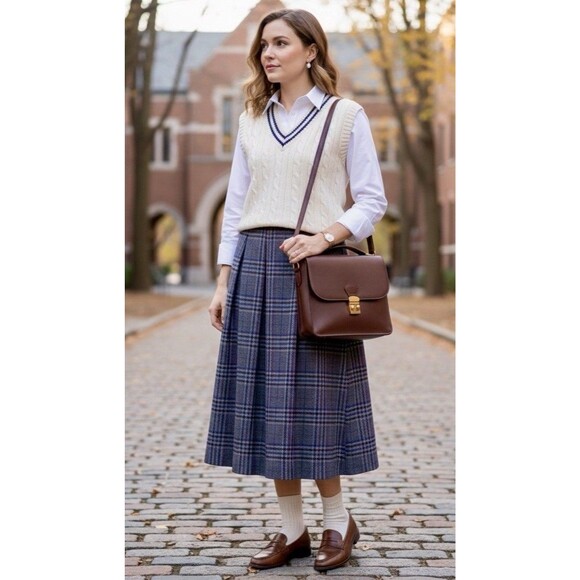 Vintage Russ Womens Plaid Wool Midi Skirt A-Line Tartan Preppy Winter Pockets 10 - Picture 2 of 8